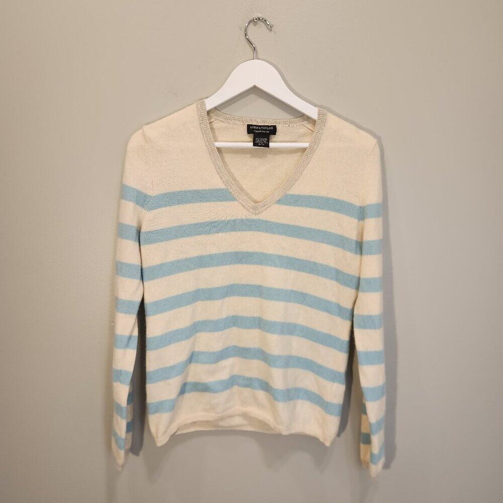 Lord & Taylor Cashmere Sweater Striped VNeck Beach Preppy Designer - Size XL